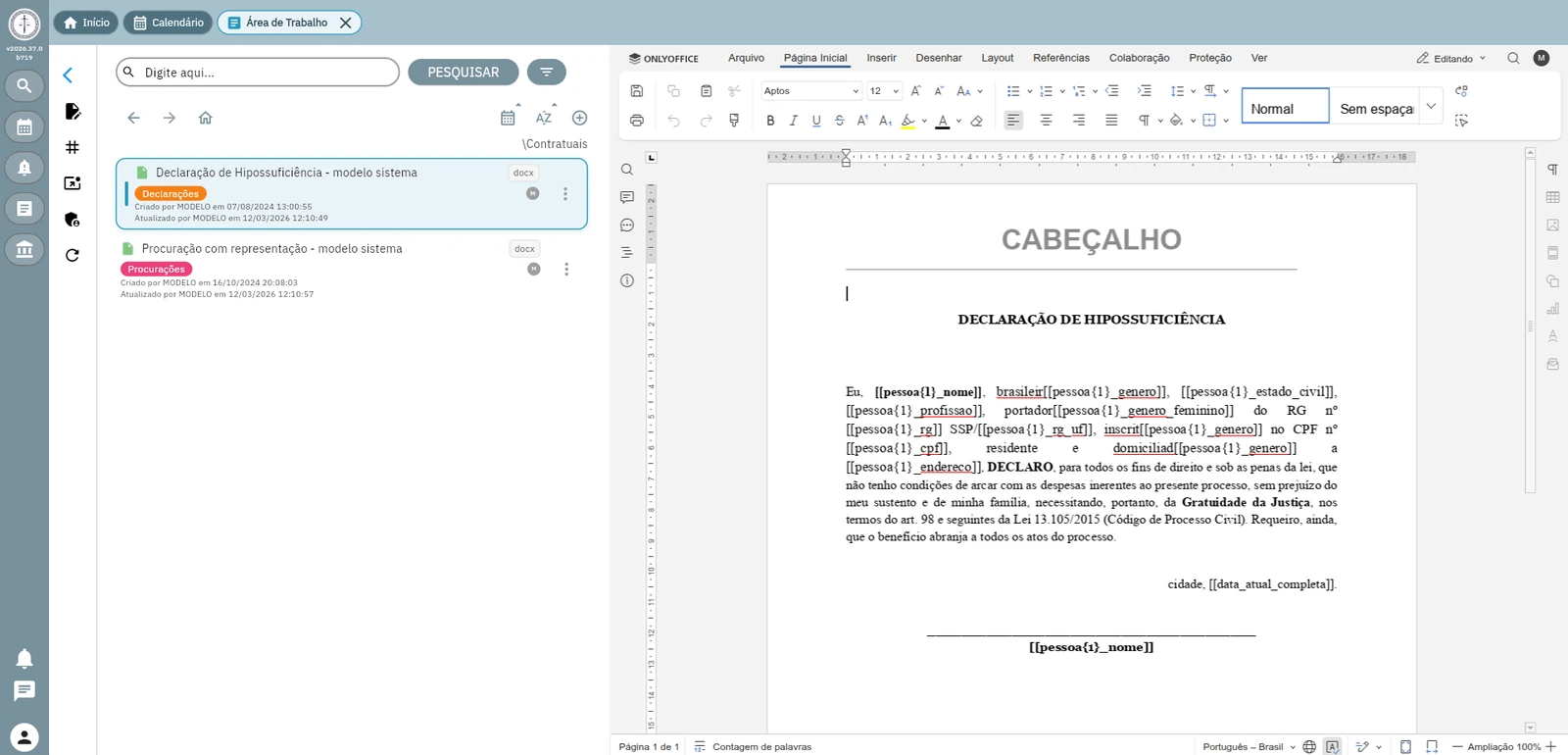 Editor do OESTAGIARIO com um modelo jurídico e campos preenchidos a partir dos dados cadastrados
