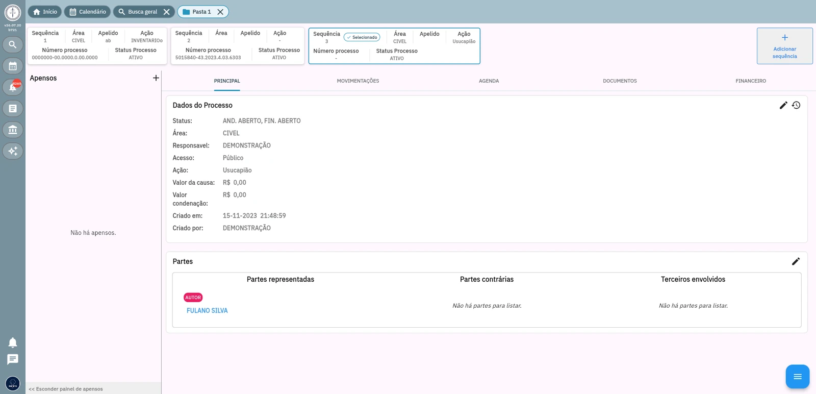 Pasta de processo no OESTAGIARIO com partes, dados, agenda e documentos no mesmo contexto